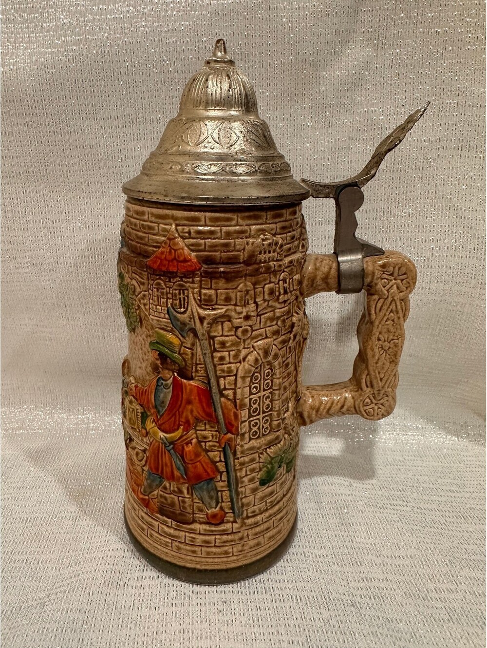 Vintage German Beer Stein with Pewter Lid and Medieval Scene